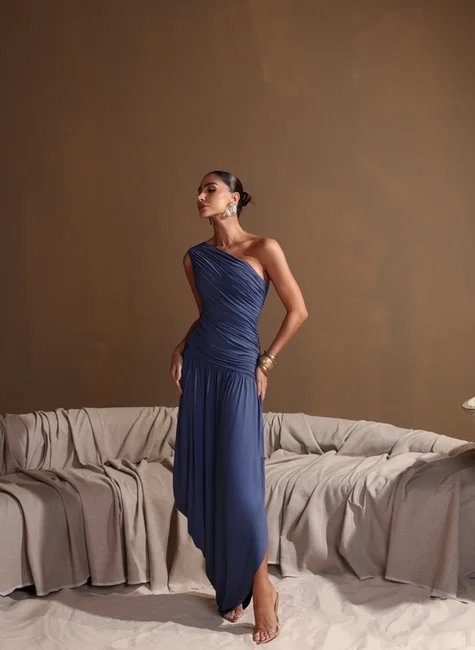 Vestido Saia Drapeada Assimétrica Azul Jeans