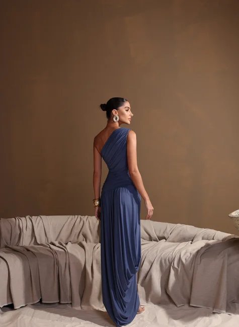 Vestido Saia Drapeada Assimétrica Azul Jeans 2