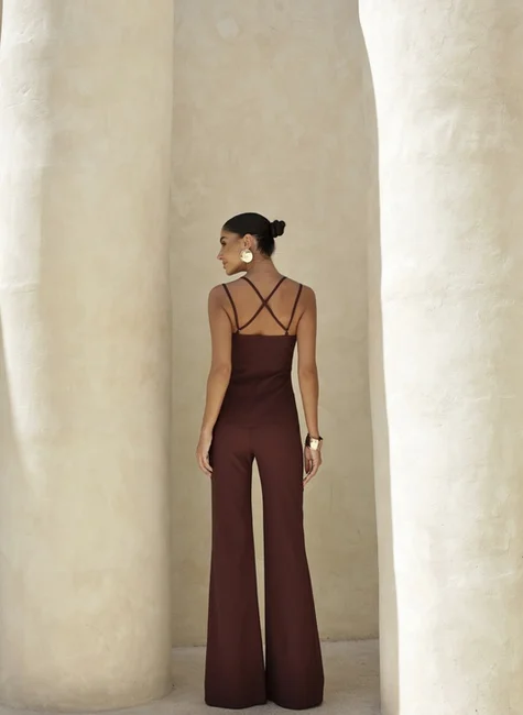 Conjunto Alfaiataria Blusa Pregas Café 2