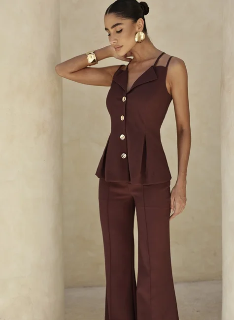 Conjunto Alfaiataria Blusa Pregas Café 3