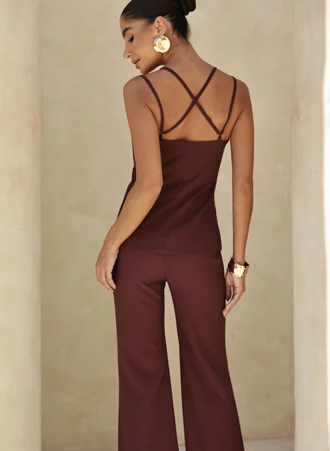 Conjunto Alfaiataria Blusa Pregas Café 4