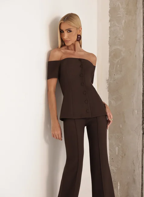 Conjunto Blusa Ombro A Ombro Café