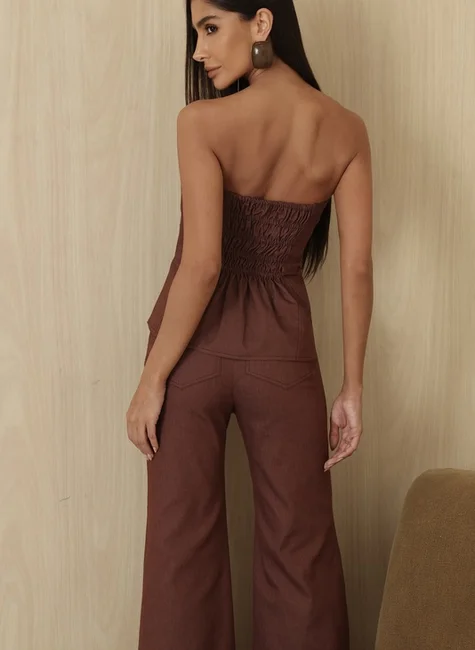 Conjunto Blusa Peplum Com Nesga Marrom 2