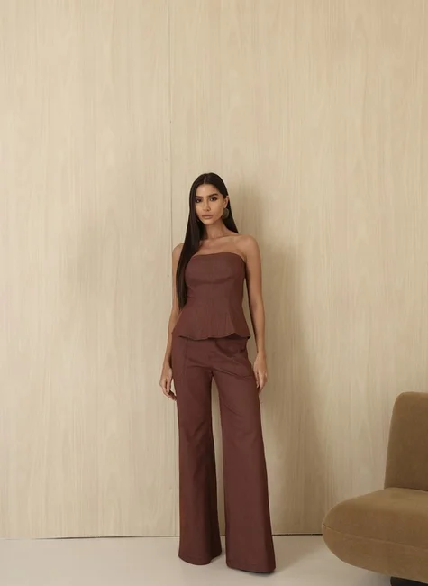 Conjunto Blusa Peplum Com Nesga Marrom 3