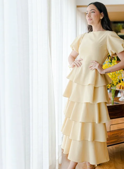 Vestido Camadas Manga Bufante Manteiga