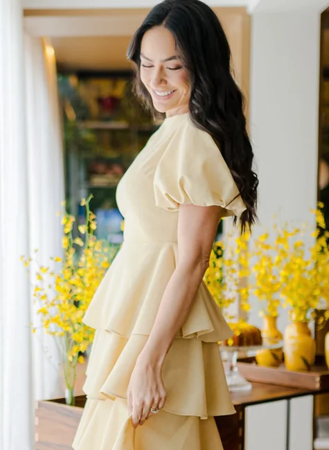 Vestido Camadas Manga Bufante Manteiga 2