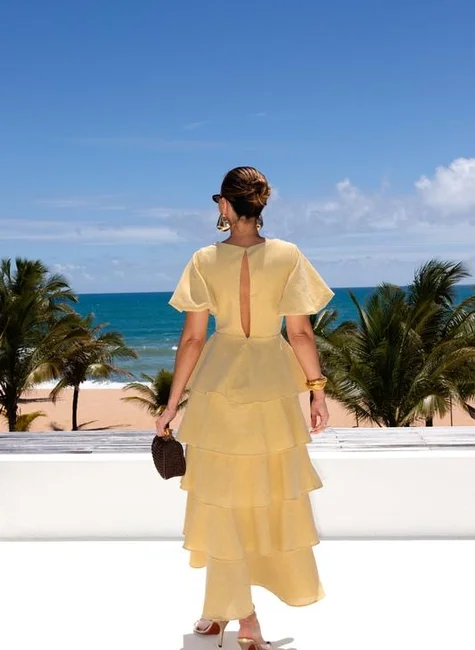 Vestido Camadas Manga Bufante Manteiga 3