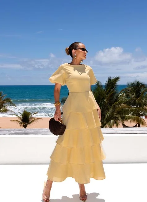 Vestido Camadas Manga Bufante Manteiga 4