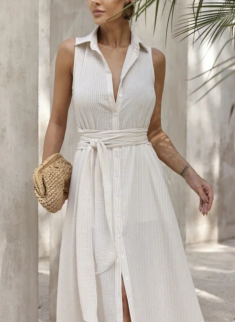 Vestido Chemise Com Faixa Bege 2