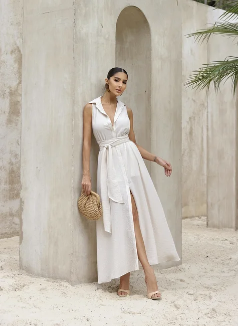 Vestido Chemise Com Faixa Bege