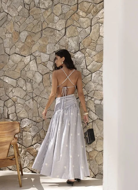 Vestido Listrado Detalhes Bordada Assimétrico Preto 2