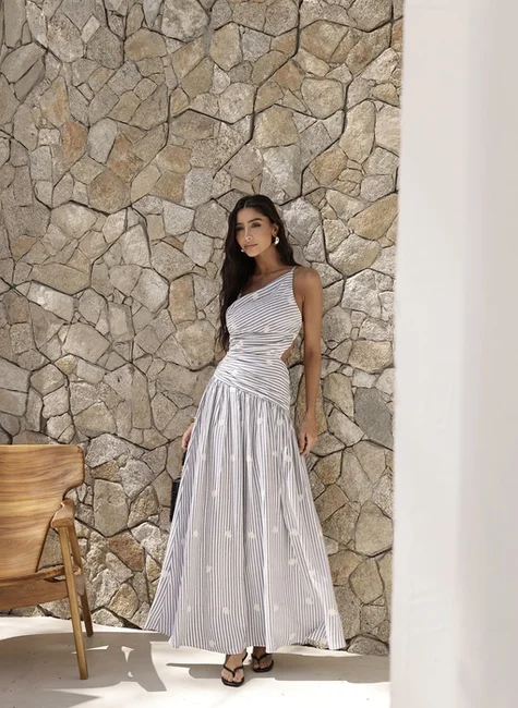 Vestido Listrado Detalhes Bordada Assimétrico Preto