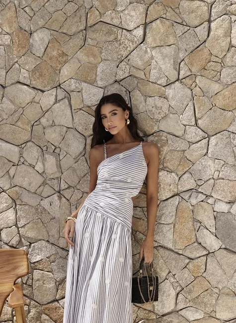 Vestido Listrado Detalhes Bordada Assimétrico Preto 3