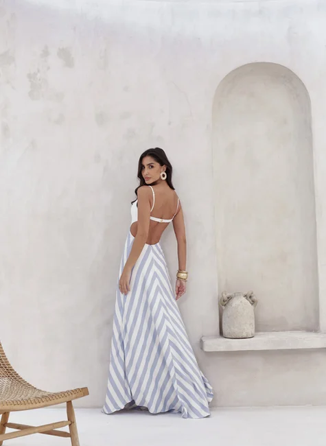 Vestido Longo Saia Listrada Azul Claro 2