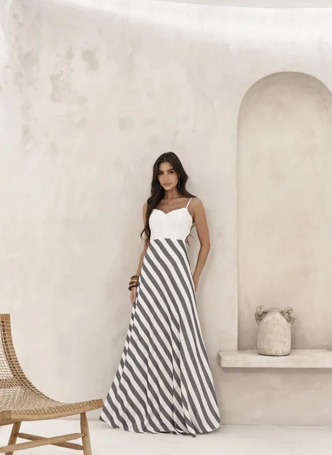 Vestido Longo Saia Listrada Azul Noite