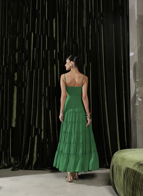 Vestido Longuete Com Camadas Frufru Verde 3