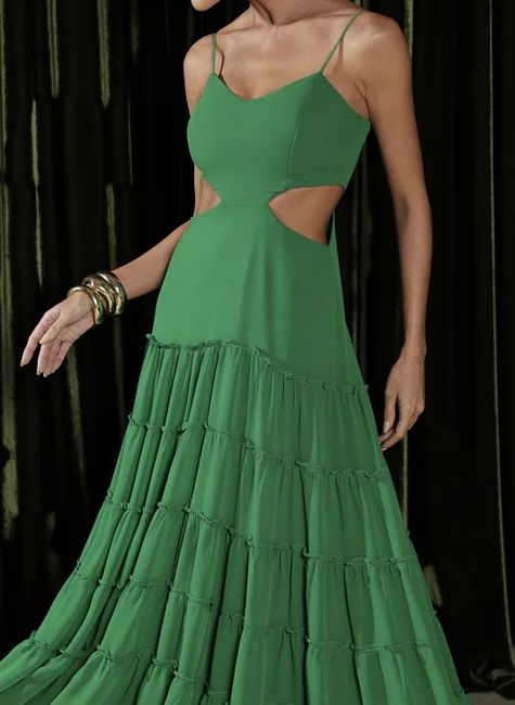Vestido Longuete Com Camadas Frufru Verde 2