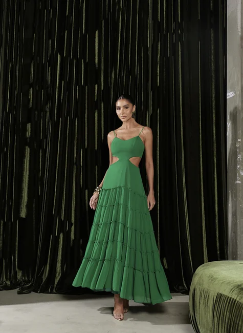 Vestido Longuete Com Camadas Frufru Verde