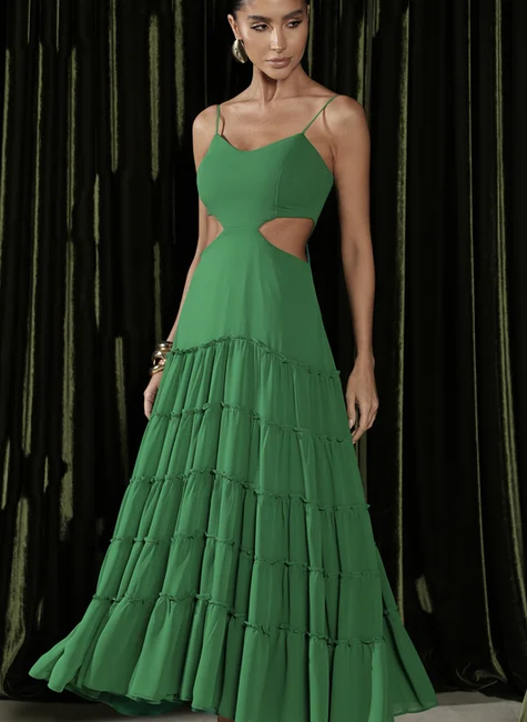Vestido Longuete Com Camadas Frufru Verde 4